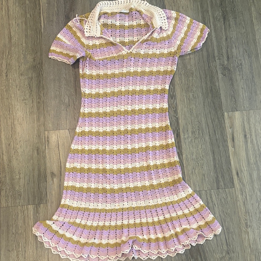 Sandro Lavender, Cream & Tan Crochet Stripe Knit Dress